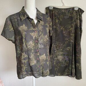 Jones Wear Womens 14 Green Floral Button-up Short Sleeve Top & Skirt Set